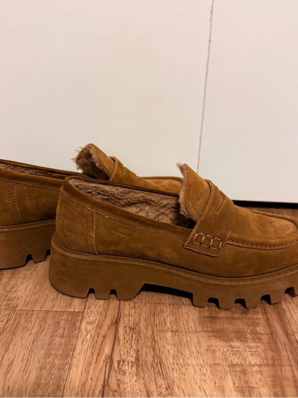 Zara Tan Suede Loafers with Shearling Lining